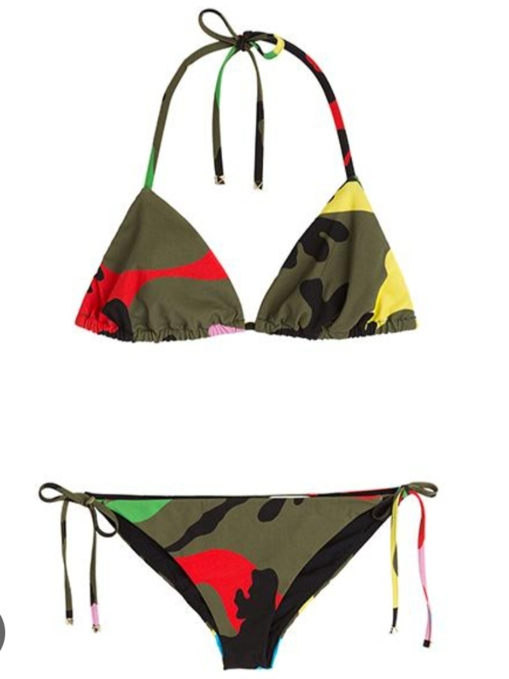 Valentino Camo String Bikini Set with  Red, Yellow and Green Trim Size S
